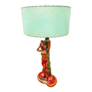 1950s Mid-Century Modern Hand Painted Hawaiian Hula Resin Table Lamp by Santana W/ Wipplestitch Shade For Sale