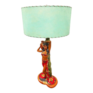1950s Mid-Century Modern Hand Painted Hawaiian Hula Resin Table Lamp by Santana W/ Wipplestitch Shade