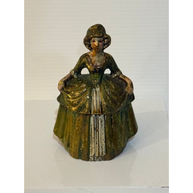 Vintage Hand Painted Figural Lady Bell Cast Iron Southern Belle Green 3.5” Tall For Sale - Image 4 of 9