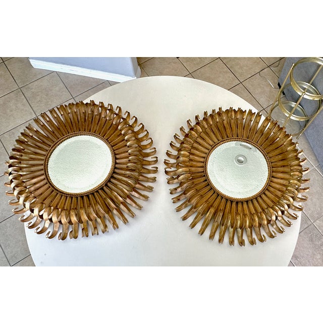 Pair Gilt Metal Eyelash Sunburst Convex Wall Mirrors For Sale - Image 4 of 18