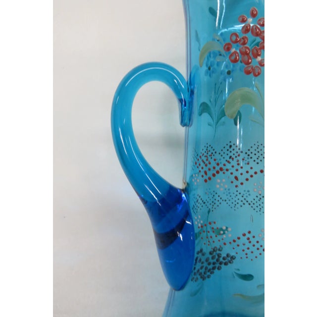 Tall Hand Blown Glass Blue and Hand Painted Flowers Pitcher For Sale - Image 10 of 13