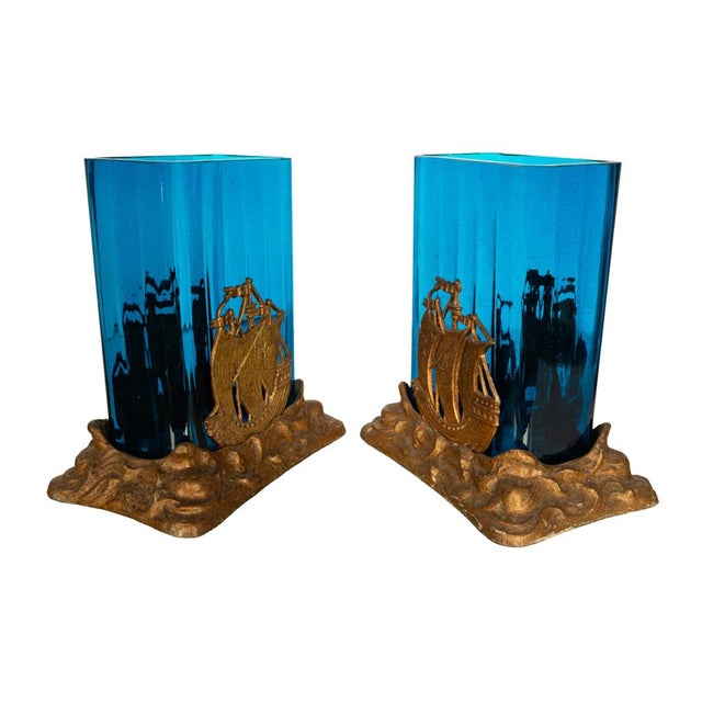Antique American Art Deco Brass Glass Vases Ship Bookends Bradley & Hubbard 1925 For Sale - Image 10 of 13