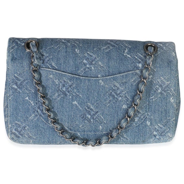 Chanel Blue Bleached Chain Printed Denim Medium Classic Double Flap Bag For Sale - Image 4 of 9