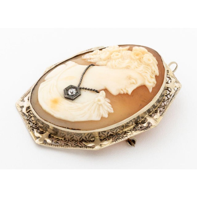 Vintage Carved Shell Cameo Gold and Diamond Pin For Sale - Image 4 of 6