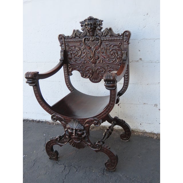 Late 19th Century Late 1800s Gothic Heavy Hand Carved Throne His and Hers Curule Chairs 6570d For Sale - Image 5 of 18