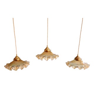 Amber-Colored Pleated Glass Pendant Lights, 1930s, Set of 3 For Sale