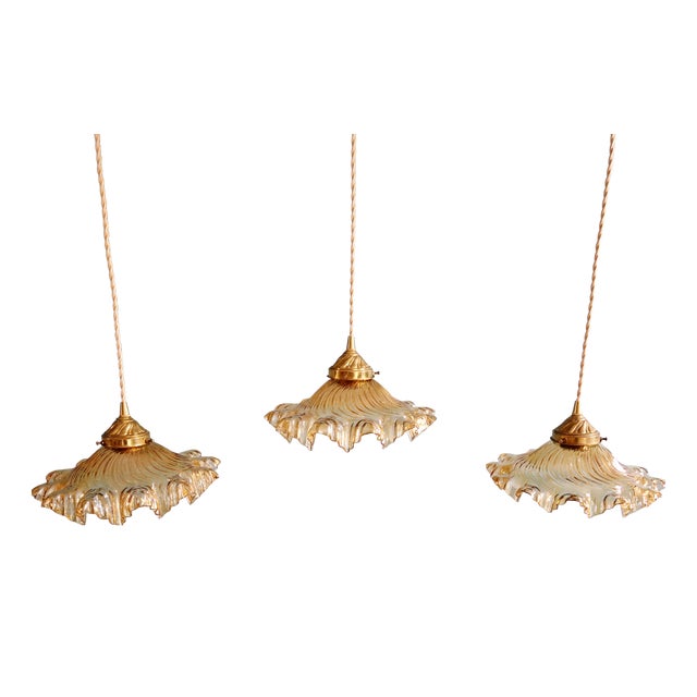Amber-Colored Pleated Glass Pendant Lights, 1930s, Set of 3 For Sale