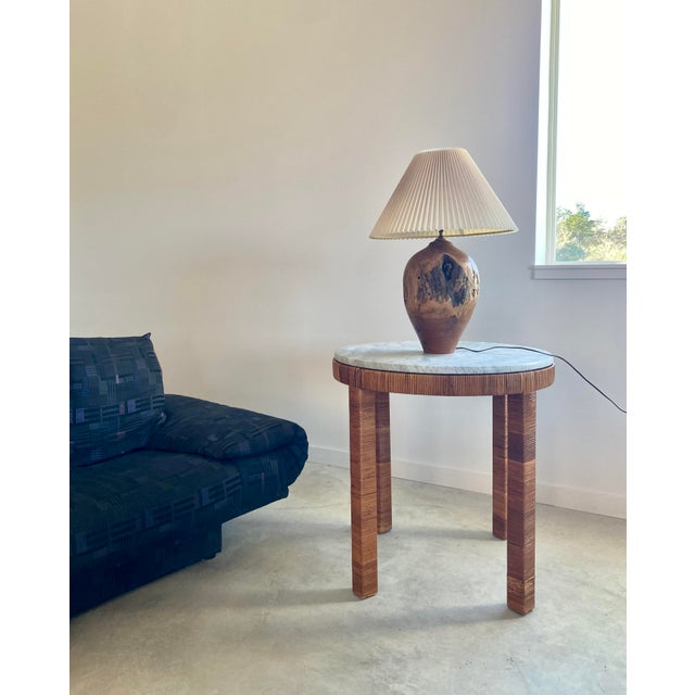 Wood Carved Turned Wood Log Artisan Rustic Lamp + Pleated Shade For Sale - Image 7 of 18