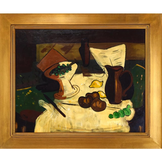 Vintage Mid Century cubist still life painting of featuring a pitcher and tazza with fruit and a newspaper. Oil on...