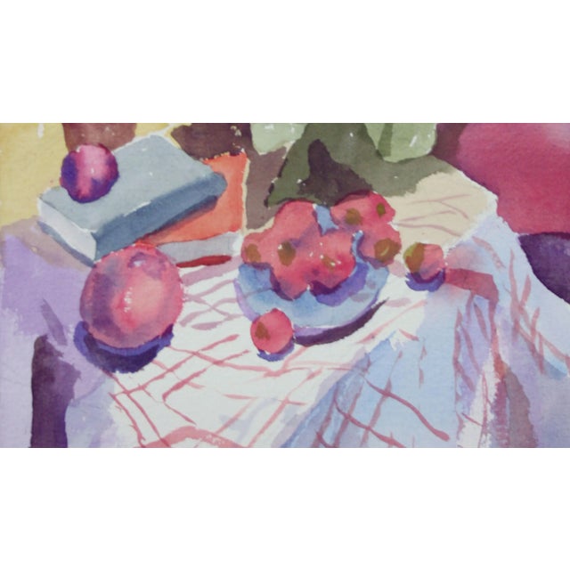 Vibrant watercolor still life of primroses and fruit by Les (Leslie Luverne) Anderson (American, 1928-2009). Signed "Les...