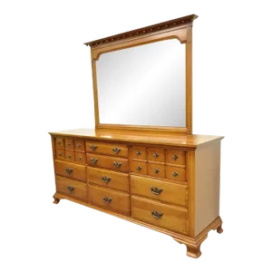 Vintage Monitor American Emblem Colonial Cherry Wood Long Dresser Chest & Mirror