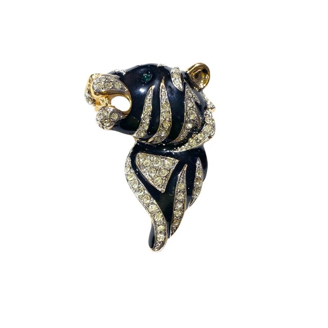 Vintage Gold Tone Black Enamel Clear Rhinestone Zebra Brooch Pin For Sale - Image 4 of 6