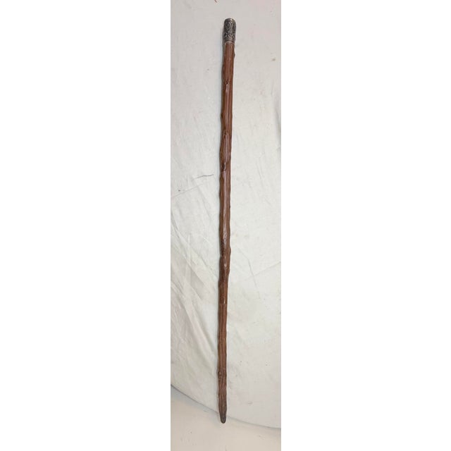 Antique 19th Century Tooled Sterling Silver Natural Wood Walking Stick Cane For Sale - Image 13 of 14