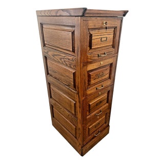 Vintage Tiger Oak File Cabinet Four Locking Drawers, Paneled Sides Legal Size For Sale
