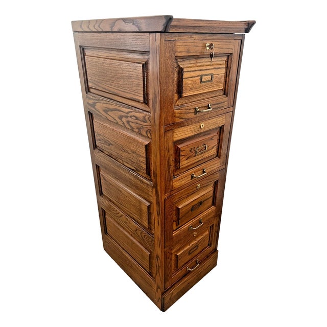 Vintage Tiger Oak File Cabinet Four Locking Drawers, Paneled Sides Legal Size For Sale