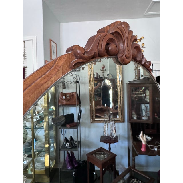 1930s Jacobean Revival Walnut and Figured Maple Vanity With Tall Arched Mirror For Sale - Image 10 of 11