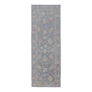 Floral Modern Oushak With Muted Blue Background in Wool 2'6 X 7'11 For Sale