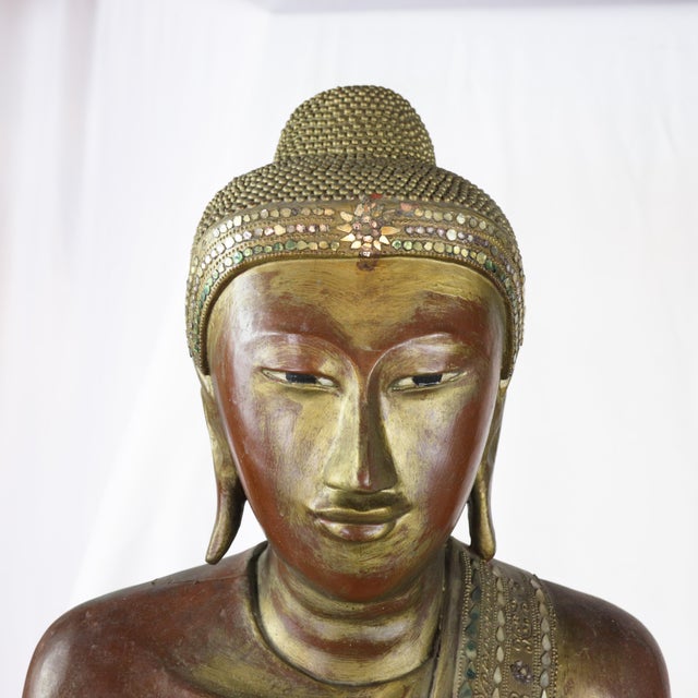 Early 20th Century 20th Century Thai Burmese Mandalay Style Standing Wooden Buddha Statue on Black Base For Sale - Image 5 of 11