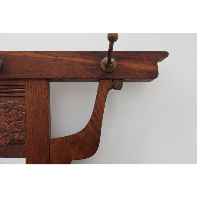 Wood Art Nouveau Oak Coat Rack with Mirror and Floral Carvings, Belgium, 1910s For Sale - Image 7 of 12