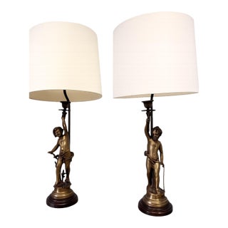 Vintage French Style Brass Putti Cherub Table Lamps Mid-Century Hollywood Regency - a Pair For Sale