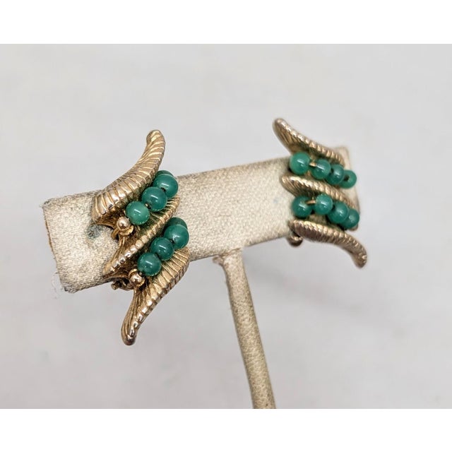 Mid-Century Modern Vintage 1964 Napier Book Piece Goldtone Faux-Jade Clip Earrings- 2 Pieces For Sale - Image 3 of 11