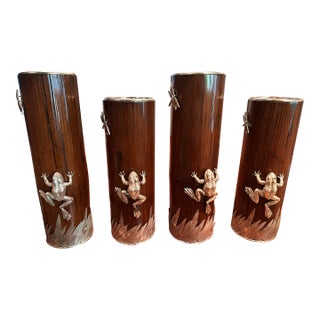 Set of 4 Bamboo Cylinder Vases With Silver Plate Frog, Dragonfly & Grass Accents For Sale