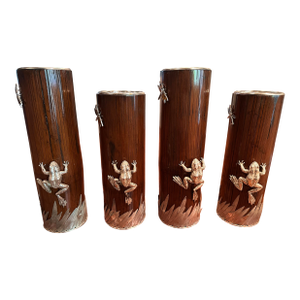 Set of 4 Bamboo Cylinder Vases With Silver Plate Frog, Dragonfly & Grass Accents