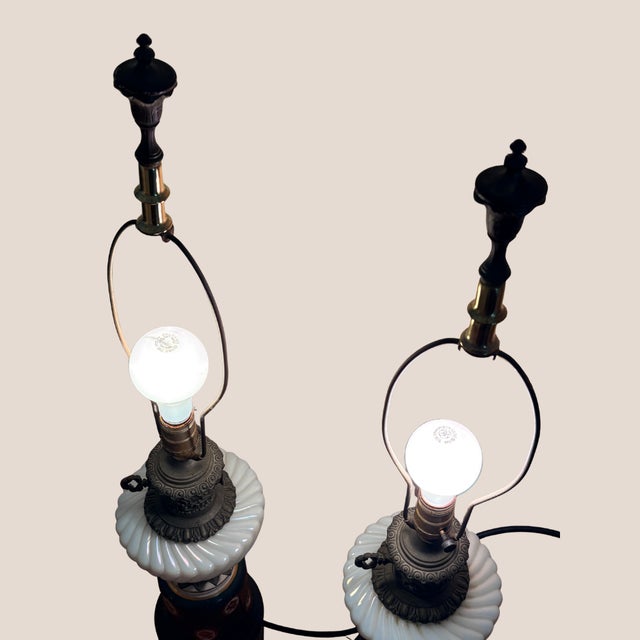 Mid 20th Century Hollywood Regency Green Ceramic and Brass Hurricane Table Lamps - a Pair For Sale - Image 9 of 14