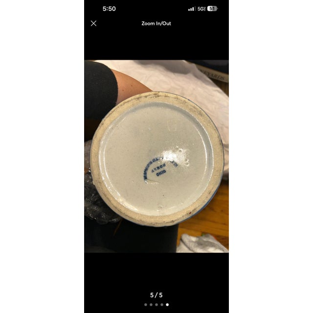 American Embossed Blue and White Stoneware Pitcher by Robinson Pottery Company. For Sale - Image 3 of 5