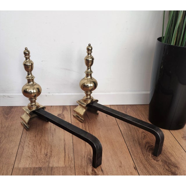 Mid-Century Italian Brass and Wrought Iron Andirons, Set of 2 For Sale - Image 6 of 7