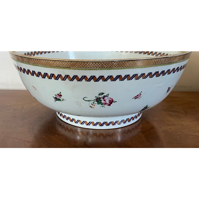 Large Antique 18th Century Chinese Export Famille Rose Porcelain Punch Bowl Decorated With Flowers, Fruit and Butterflies For Sale In New York - Image 6 of 12