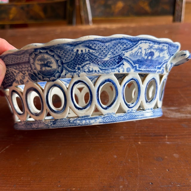 Spode Antique Staffordshire Pearlware Blue Transfer "Gothic Castle" Chestnut Basket, Attributed to Spode, Circa 1820s For Sale - Image 4 of 12