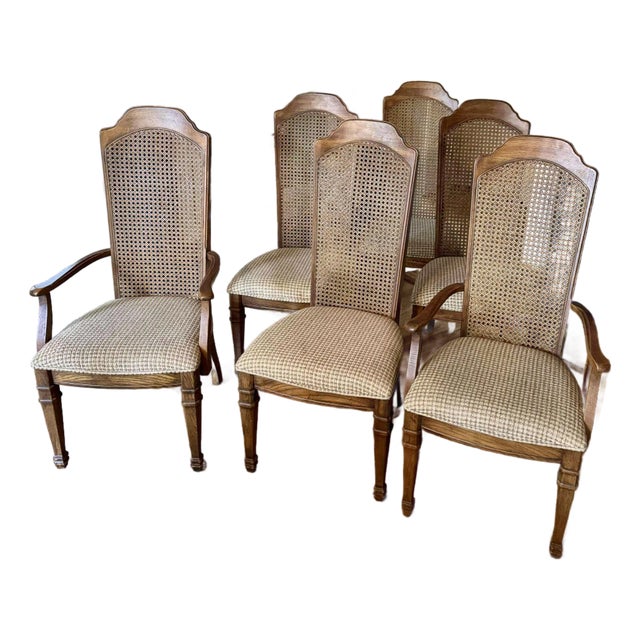 Mid-Century Stanley Furniture Company Cane Back Provincial Dining Chairs - A Set of Six For Sale