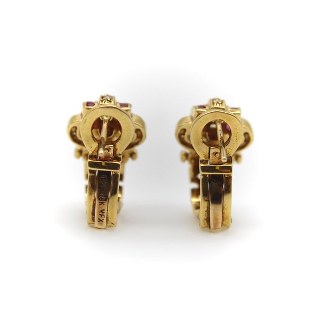 Metal Vintage 18k Gold Diamond and Ruby Buckle Huggie Earrings, A Pair For Sale - Image 7 of 10