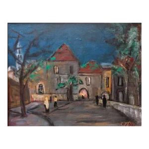 Melitta Schiffer, Fauvist Israeli Landscape, Going to Synagogue Judaica Oil Painting