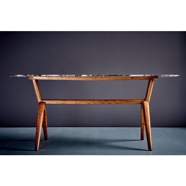 Wood Dining Table with Oval Marble Top attributed to Guglielmo Ulrich, Italy, 1940s For Sale - Image 7 of 13
