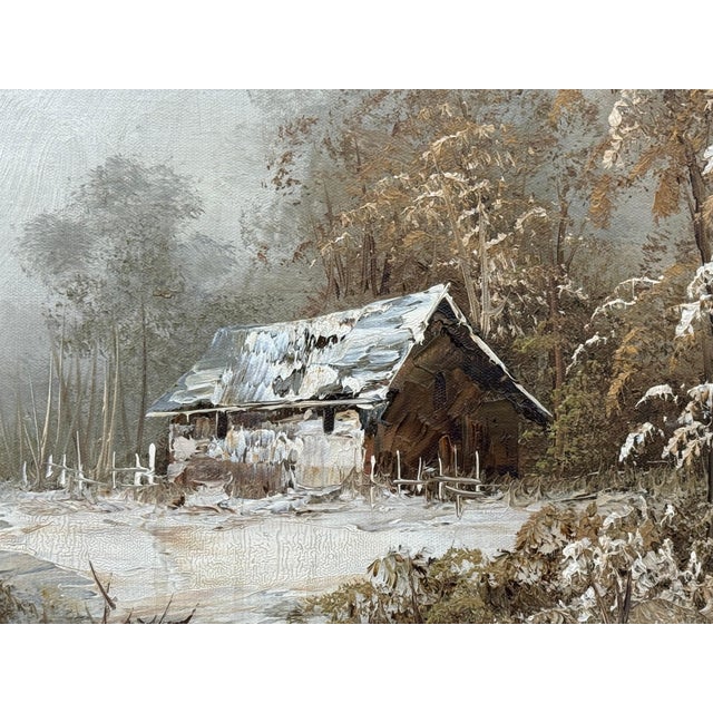 Antique White Snowy Cabin in the Woods - A Serene Winter Landscape Vintage Oil Painting 1975 Circa For Sale - Image 8 of 12