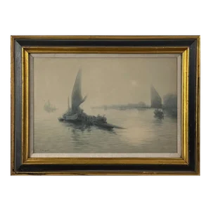 Antique Nautical Seascape With Sailboats, Signed/Framed (Watercolor on Board)