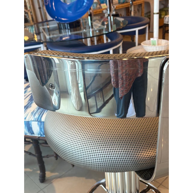 Mid-Century Modern Design for Leisure LTD Set of 3 Bar Stools Fluted Chrome Steel Swivel For Sale - Image 3 of 12