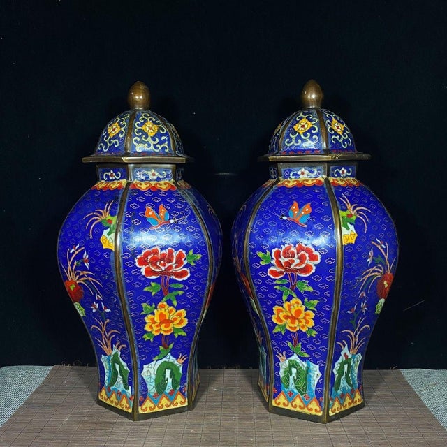 Metal Pair of Chinese Cloisonné Enamel Hexagonal Floral Jars With Lids - 16" Tall For Sale - Image 7 of 9