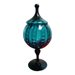 20thC. MCM Empoli Turquoise Optic Ribbed Glass Apothecary Jar, With Pedestal Base and Circus Tent Lid For Sale