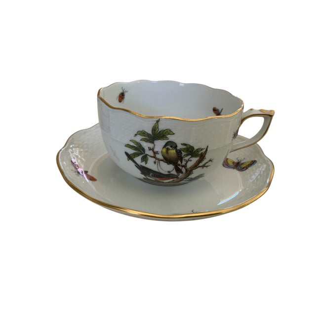 Herand Rothschild Bird Complete Set of 12 Flat Cup & Saucer Set Porcelain Ro / 724 Made in Hungary - Set of 24 For Sale In Palm Springs - Image 6 of 6