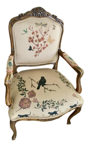 Mid-Century Upholstered Carved Wood French Provincial Armchair With Hand Painted Flowers and Bugs