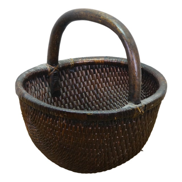 Antique Chinese Bentwood Woven Willow Rice Harvest Gathering Basket 16" For Sale