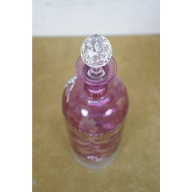 Glass Antique Bohemian Cranberry Art Glass Liquor Wine Decanter Bottle 10" For Sale - Image 7 of 16