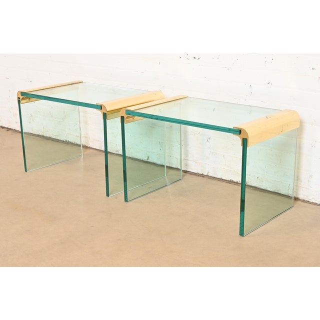 1970s Leon Rosen for Pace Collection Mid-Century Modern Hollywood Regency Brass and Glass Waterfall Side Tables, Pair For Sale - Image 5 of 11