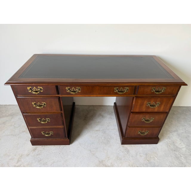 Campaign 1970s Vintage Campaign Chippendale-Style Mahogany & Tooled Leather Top Partners Desk For Sale - Image 3 of 13