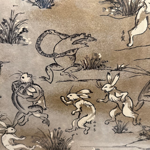 Wood Late 20th Century Large Framed Japanese Chōjū-Giga "Frolicking Animals" Art Print by Turtle and Crane - 12th Century Manga Homage For Sale - Image 7 of 10