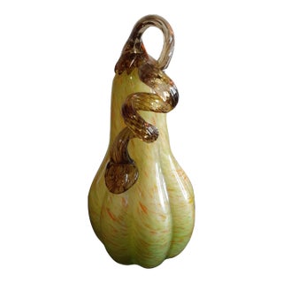 1980s Green Blown Art Glass Pumpkin Blown Art Glass Figurine For Sale
