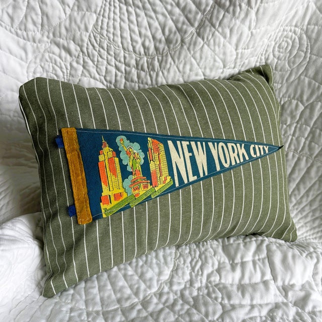American New York Nyc Vintage Pennant on New Woven Throw Pillow For Sale - Image 3 of 4